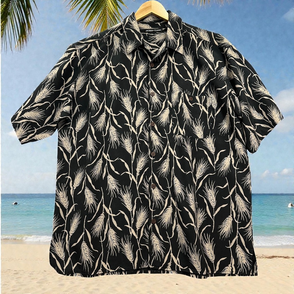 Bobby Chan 100% Silk Hawaiian Camp Shirt Mens XL Black‎ Tan Wheat Print VTG  Y2K